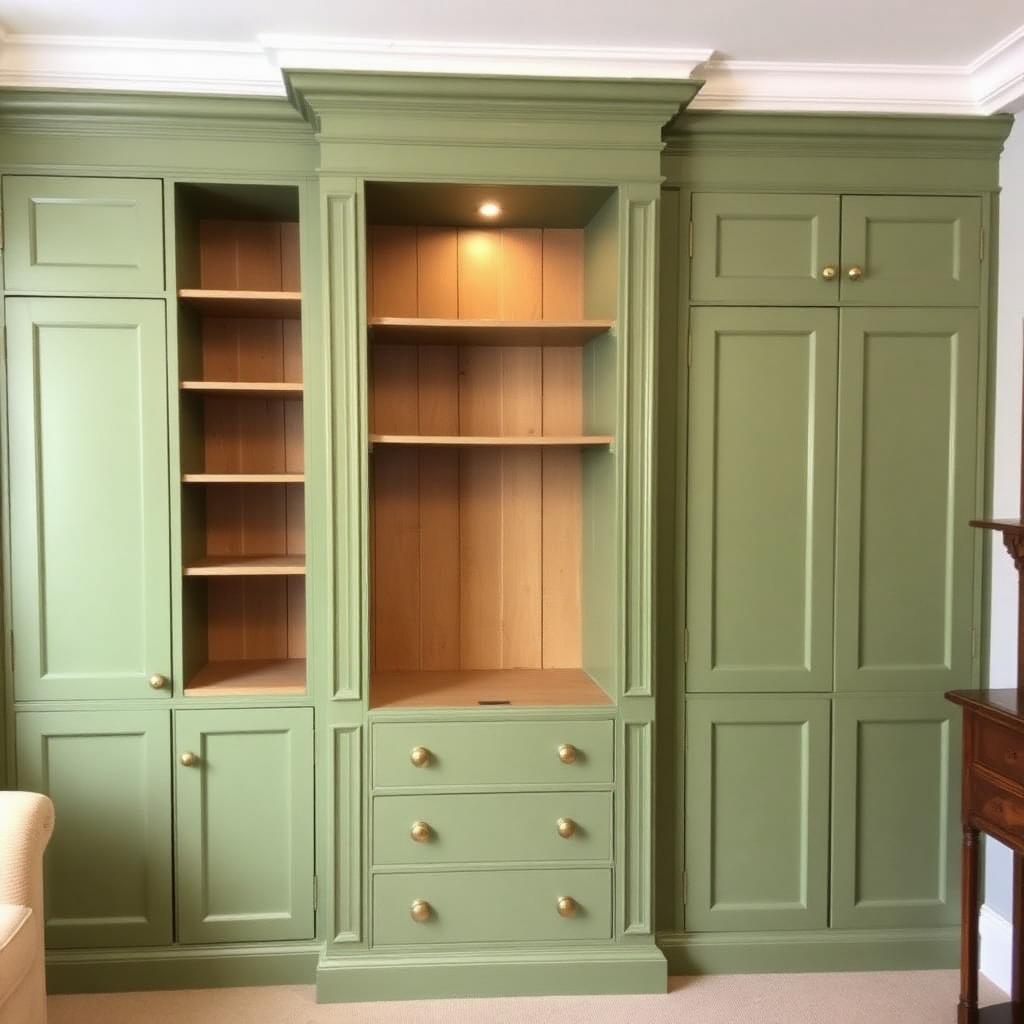 Pair of fitted alcove cupboards in sage green with a tall central open bookcase, scribed into a Victorian London period room