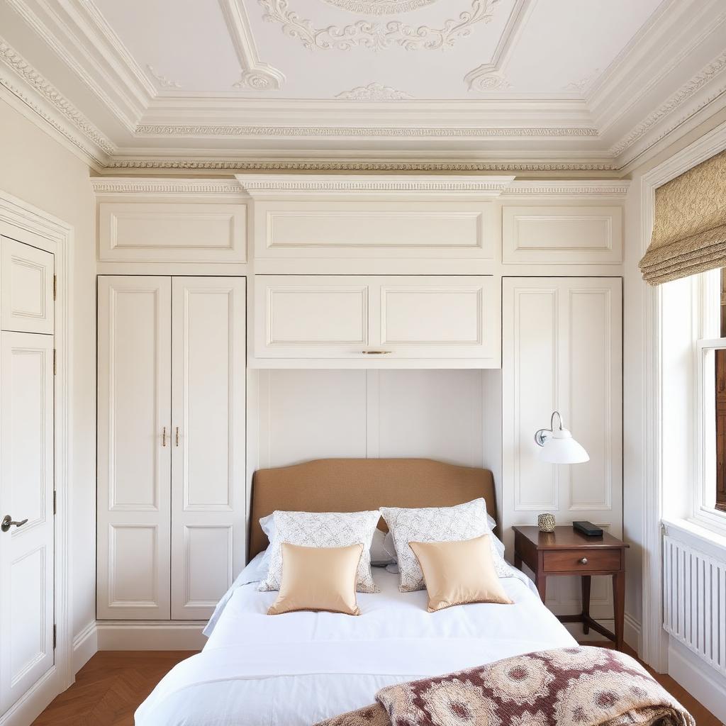 Pair of fitted alcove wardrobes bridged across the top of the chimney breast with a continuous over-panel cupboard in a period London bedroom
