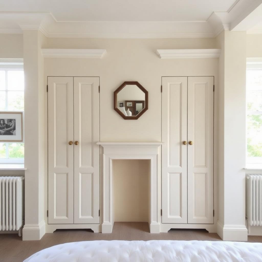 Matched pair of fitted alcove wardrobes flanking a Victorian chimney breast in a London bedroom, painted heritage off-white with aged brass cup-handles