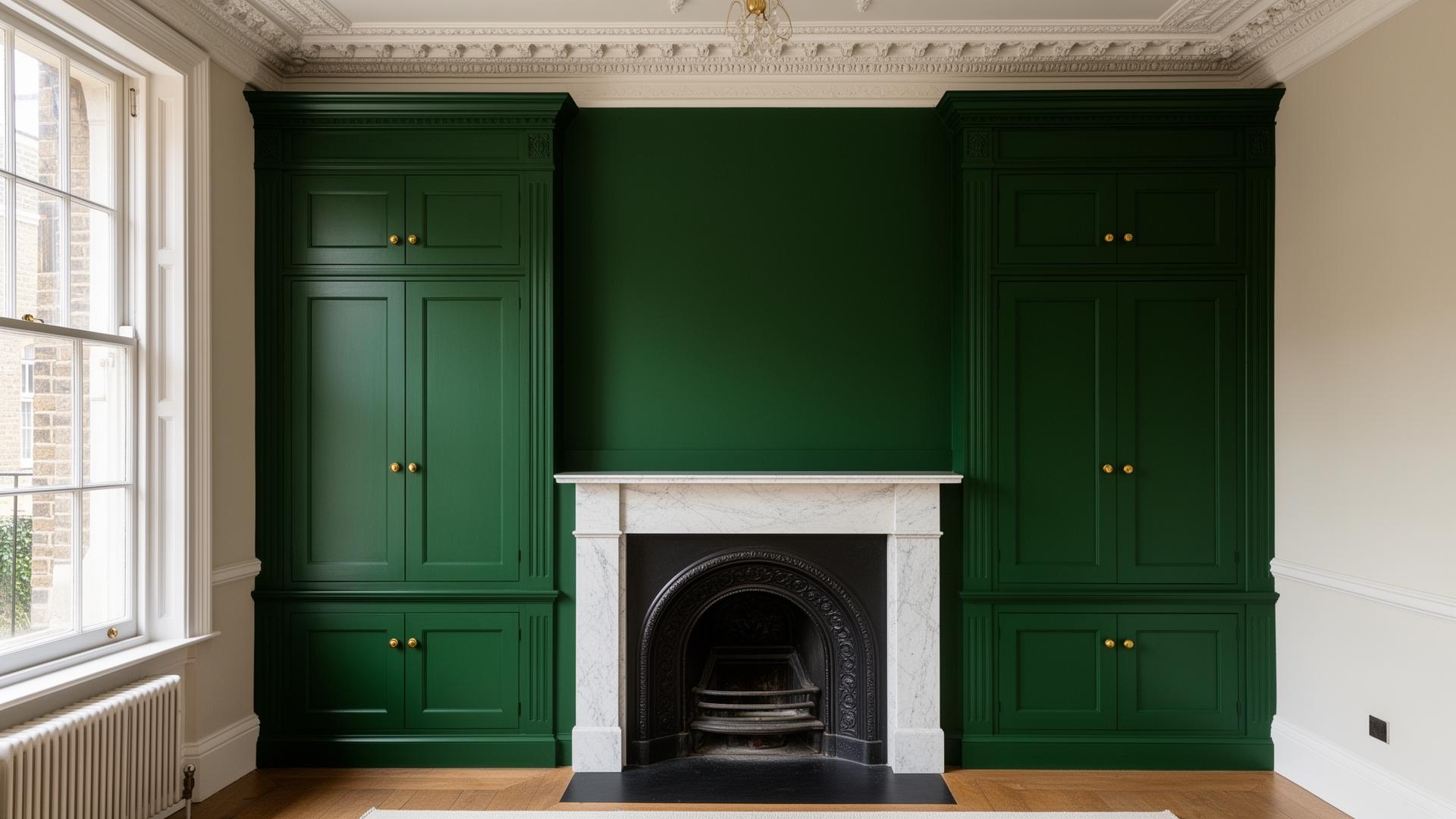 Pair of hand-painted heritage green Shaker alcove wardrobes flanking a Victorian cast-iron fireplace in a London primary bedroom
