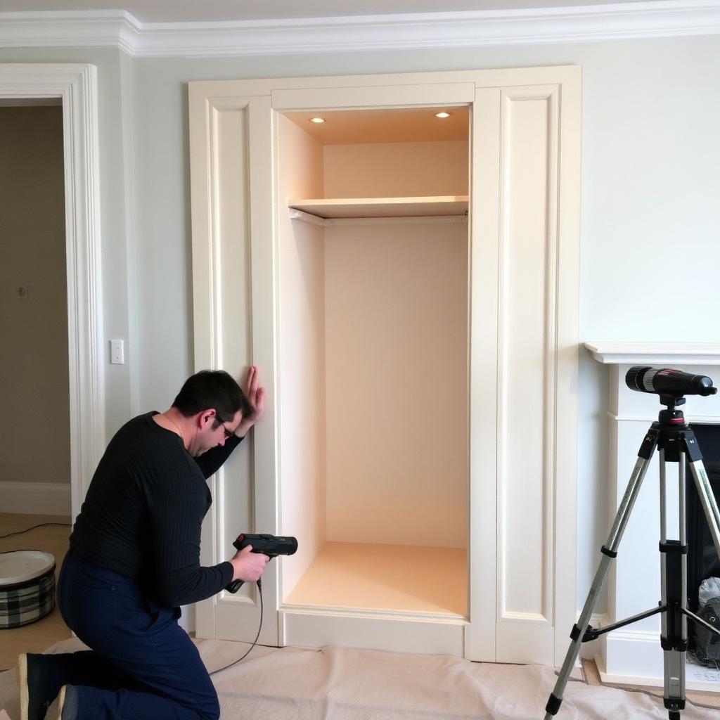Bravo London craftsman installing and scribing an alcove wardrobe in a London period bedroom