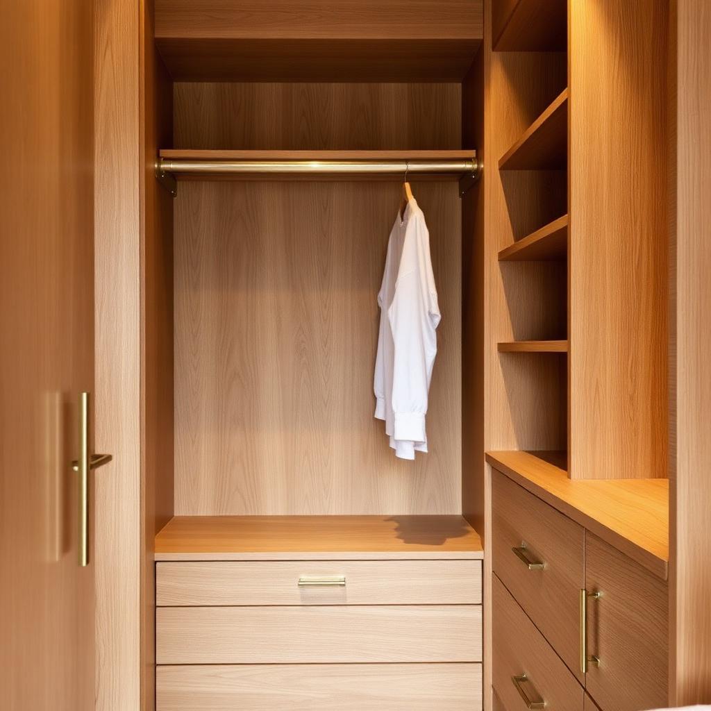 Inside view of an alcove wardrobe with oak veneer drawers, brass hanging rail and internal LED lighting
