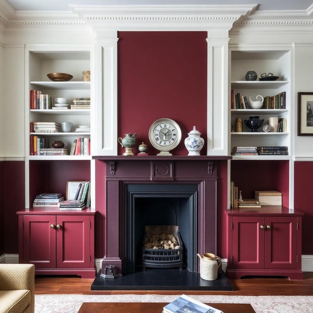 Pair of painted deep burgundy fitted alcove cupboards in a London living room with open bookcase shelves above flanking a Victorian fireplace
