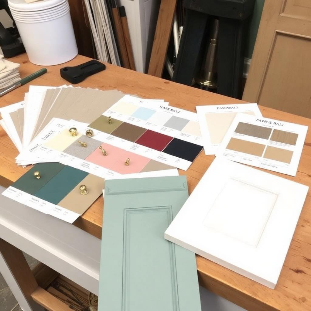 Heritage paint sample cards and aged brass and polished nickel hardware swatches on a workshop bench