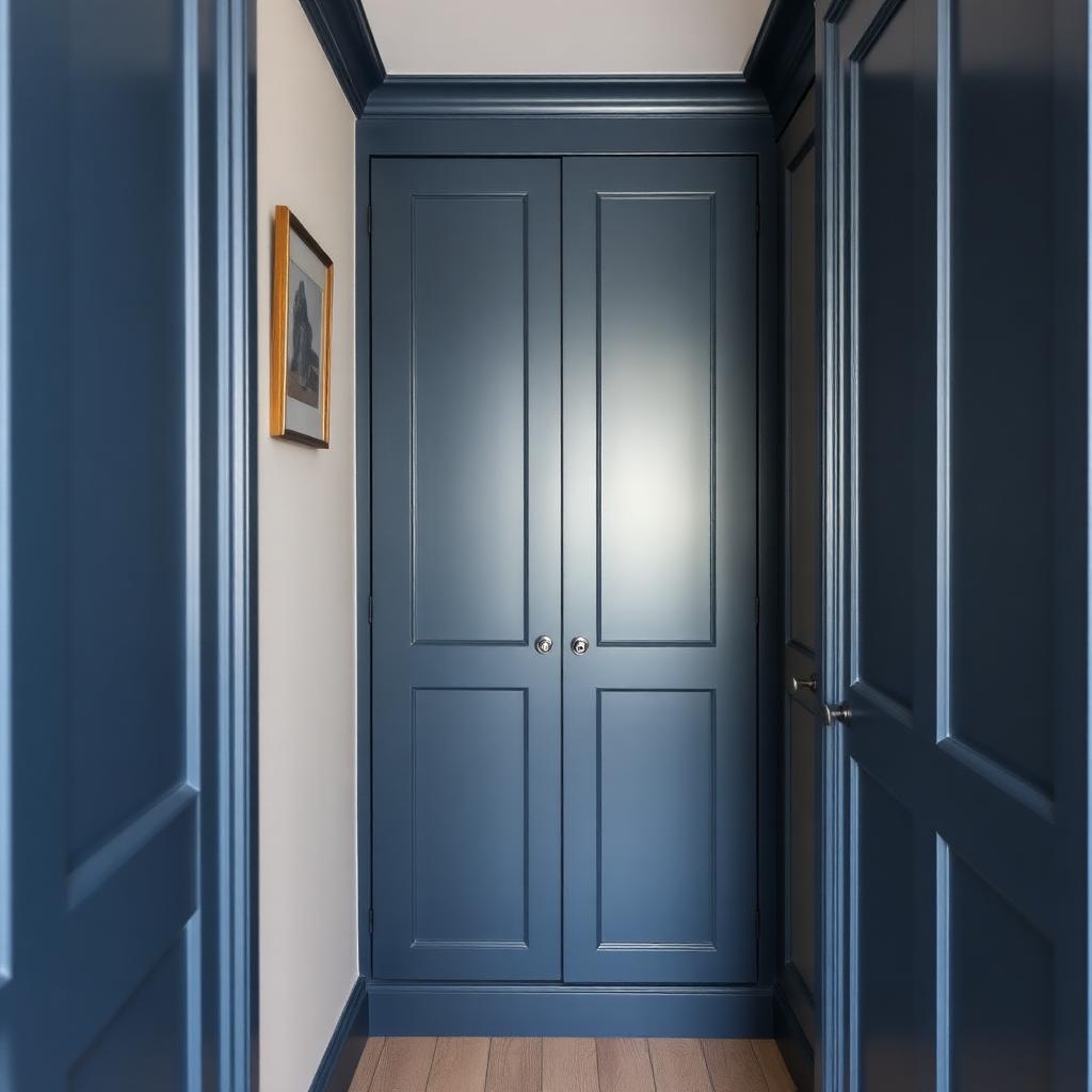 Single fitted alcove wardrobe scribed into a narrow Edwardian chimney-breast recess, painted deep heritage navy with slab handleless doors