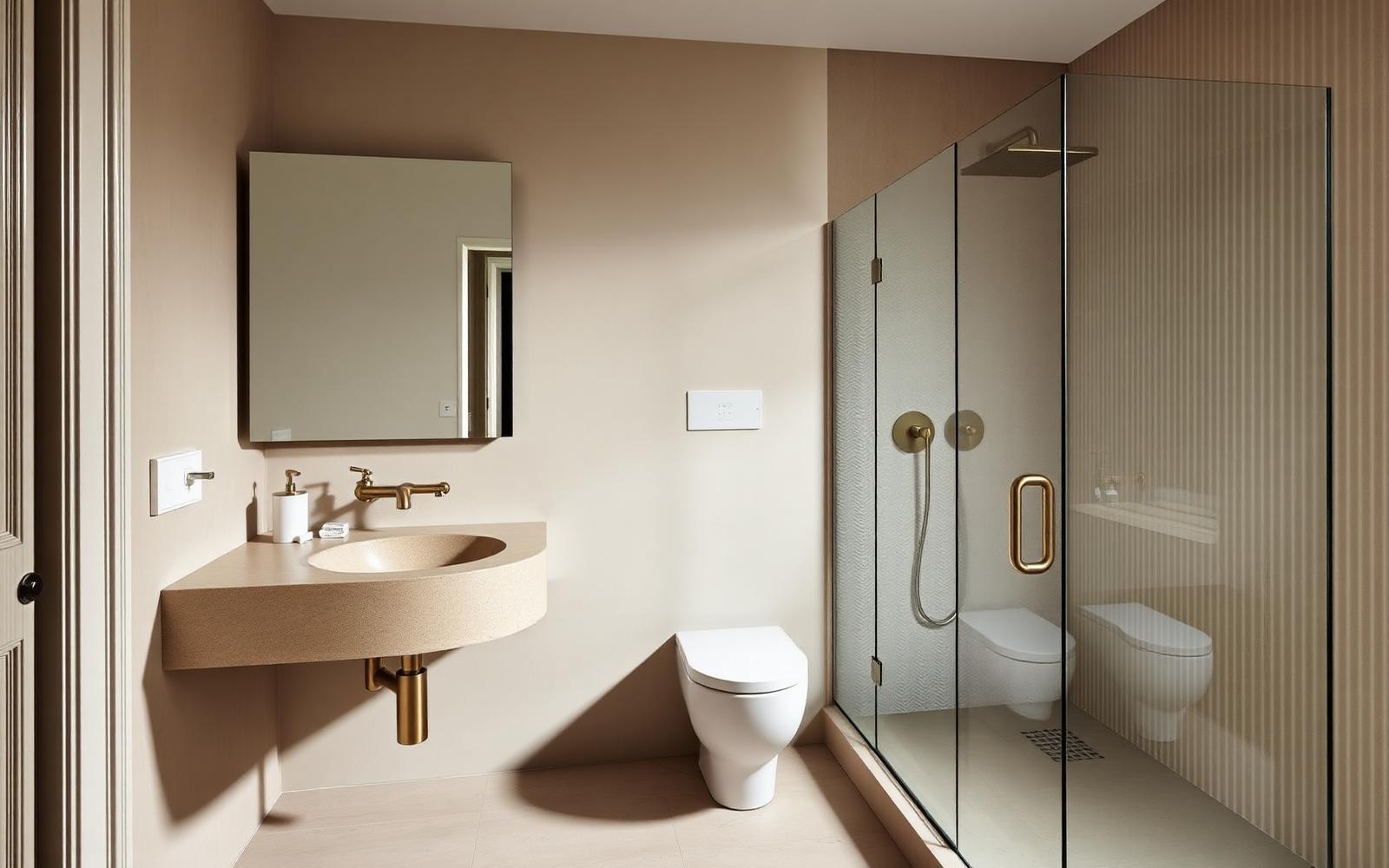 Bespoke fitted bathroom in a London home with wall-hung stone vanity, walk-in shower and warm neutral tiling