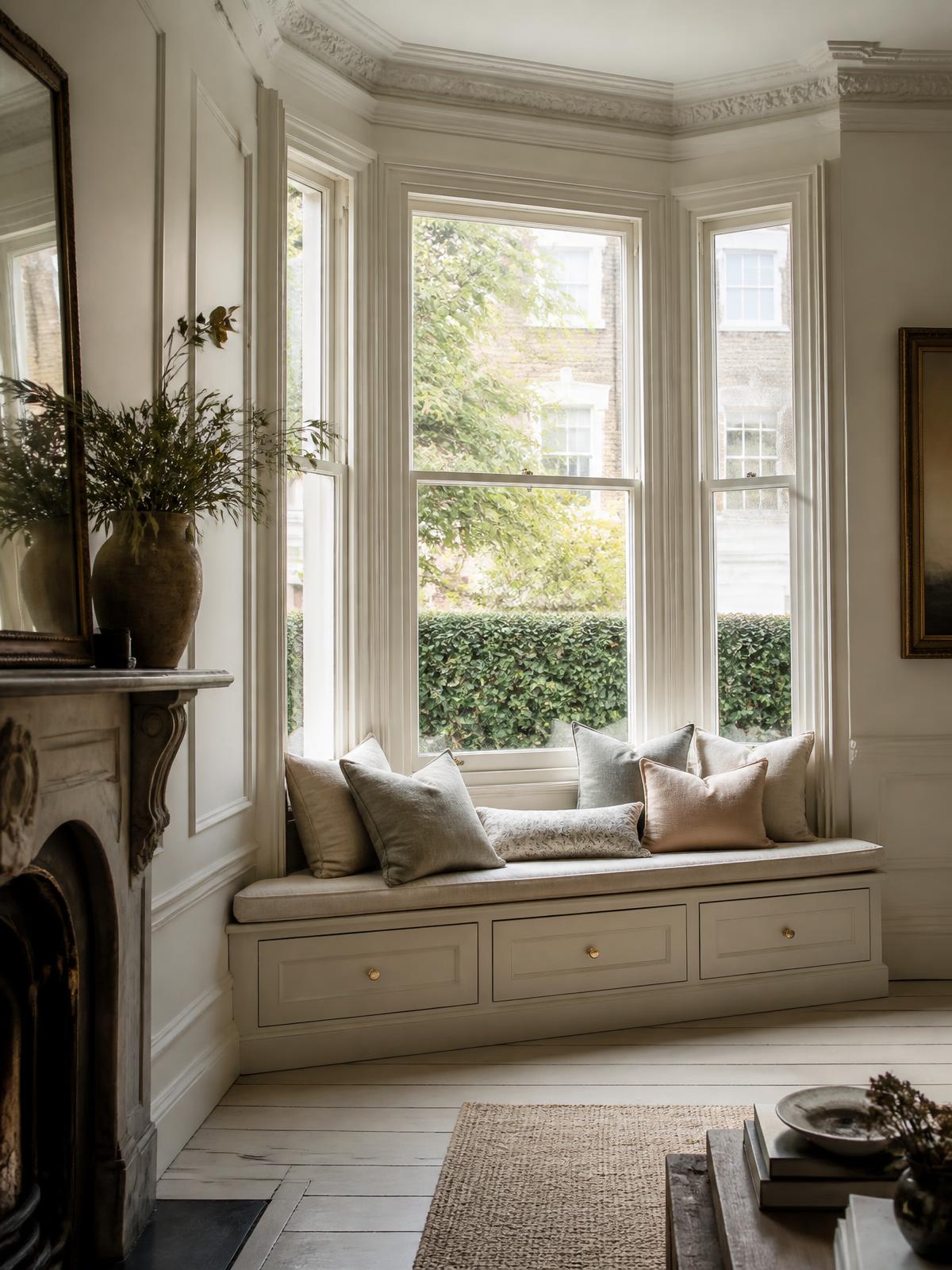 Bespoke bay window seat with drawer storage in a hand-painted off-white finish, fitted into a period London reception room with sash windows and cornicing