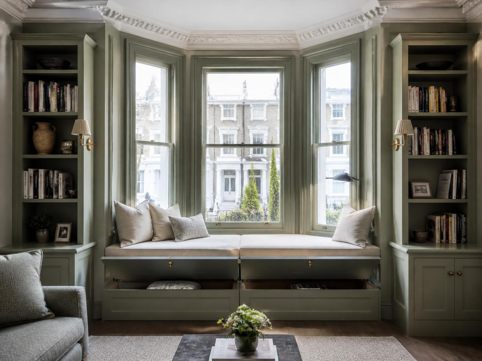 Bespoke bay window seat painted in soft sage green, with hinged-lid storage and flanking book-lined alcoves in a Chelsea reception room
