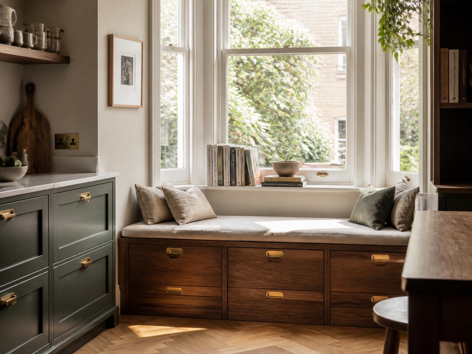 Bespoke walnut bay window seat with brass finger-pulls and drawer storage in an Islington kitchen