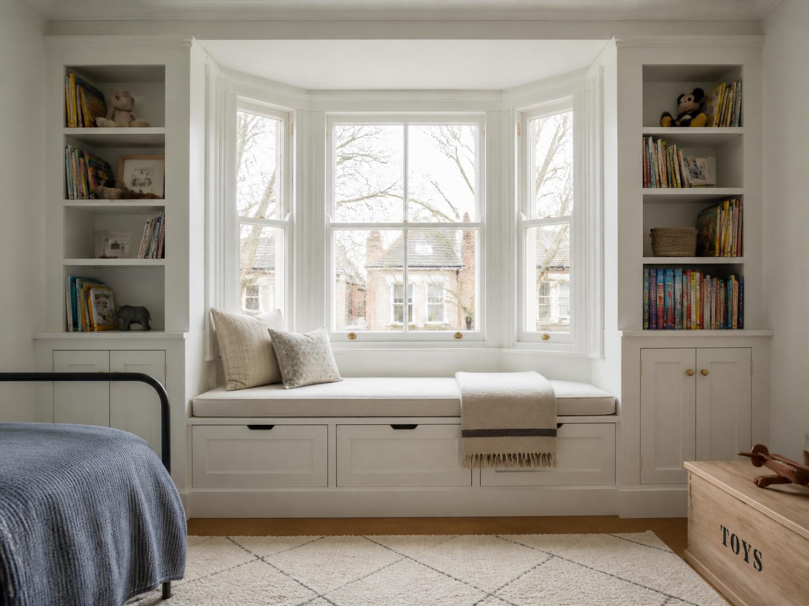 Bespoke children's bedroom bay window seat with reading nook cushion, toy-storage drawers and built-in bookshelves in a Hampstead family home