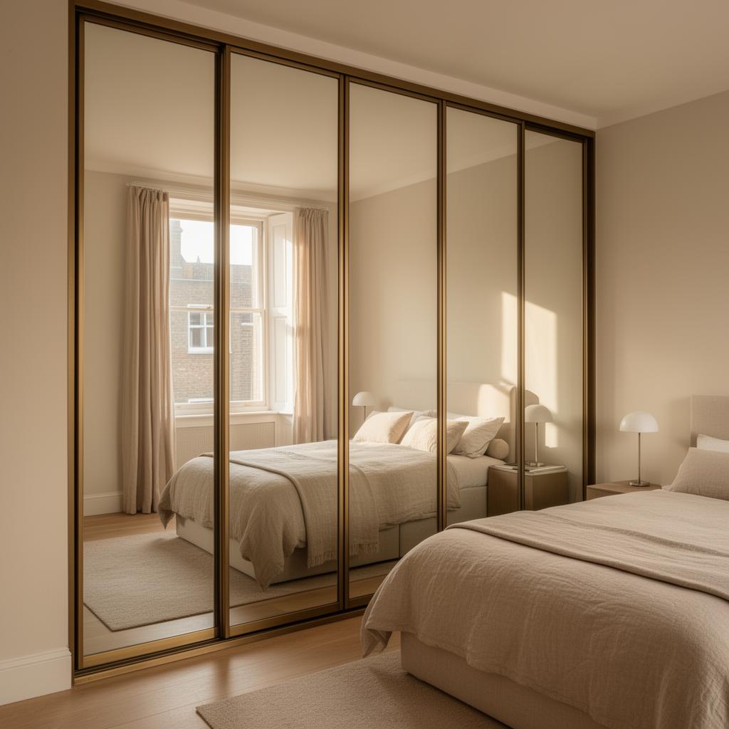 Floor-to-ceiling mirrored sliding wardrobe doors in a London bedroom