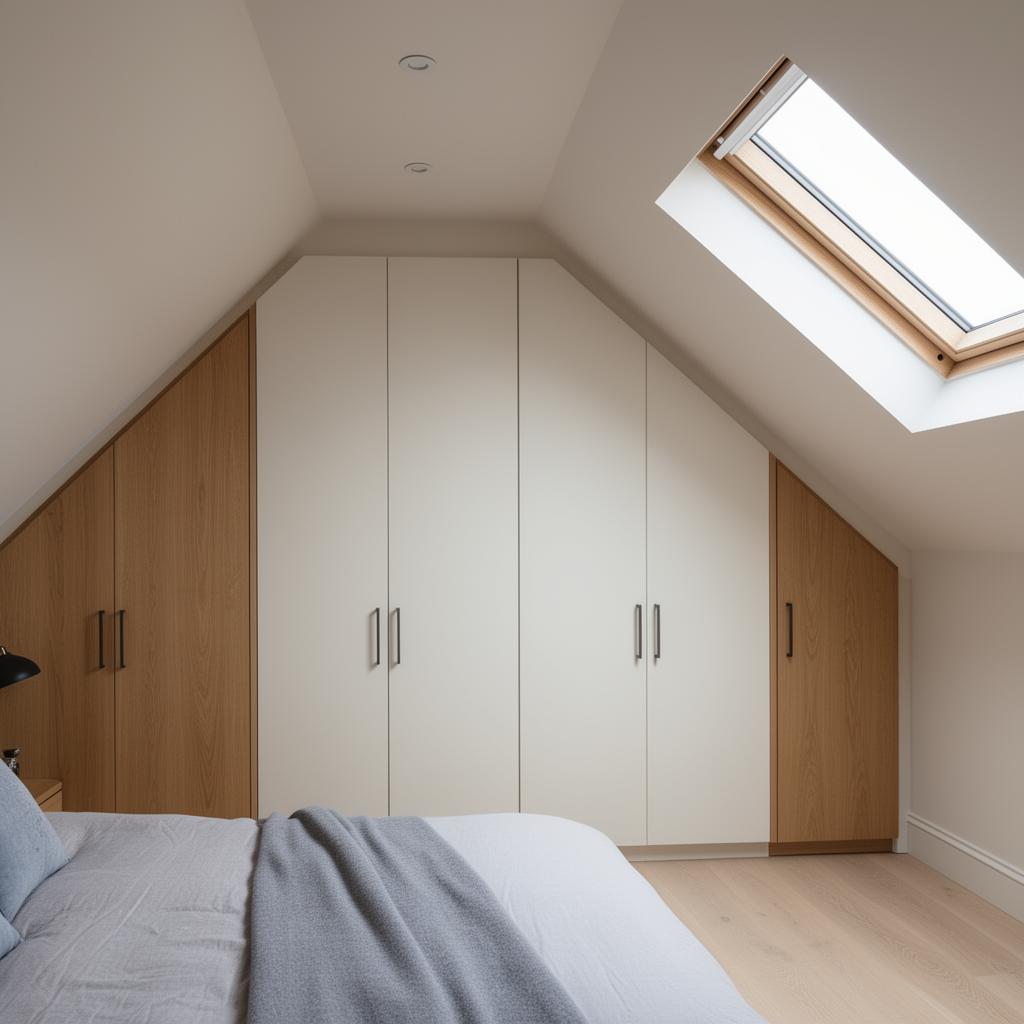Fitted wardrobes under sloped loft ceiling in a converted London bedroom