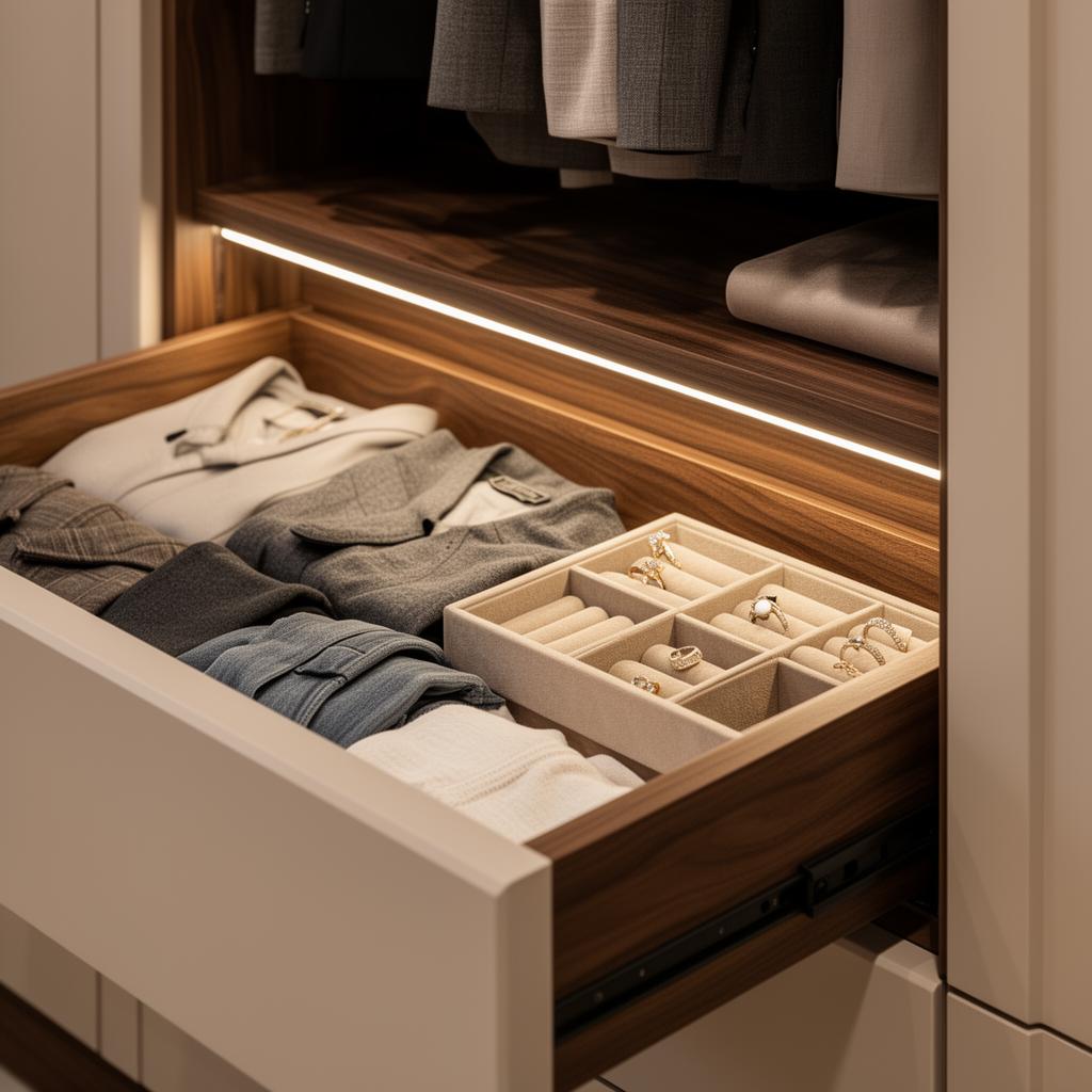 Bespoke fitted wardrobe interior with walnut drawers, jewellery tray and LED lighting