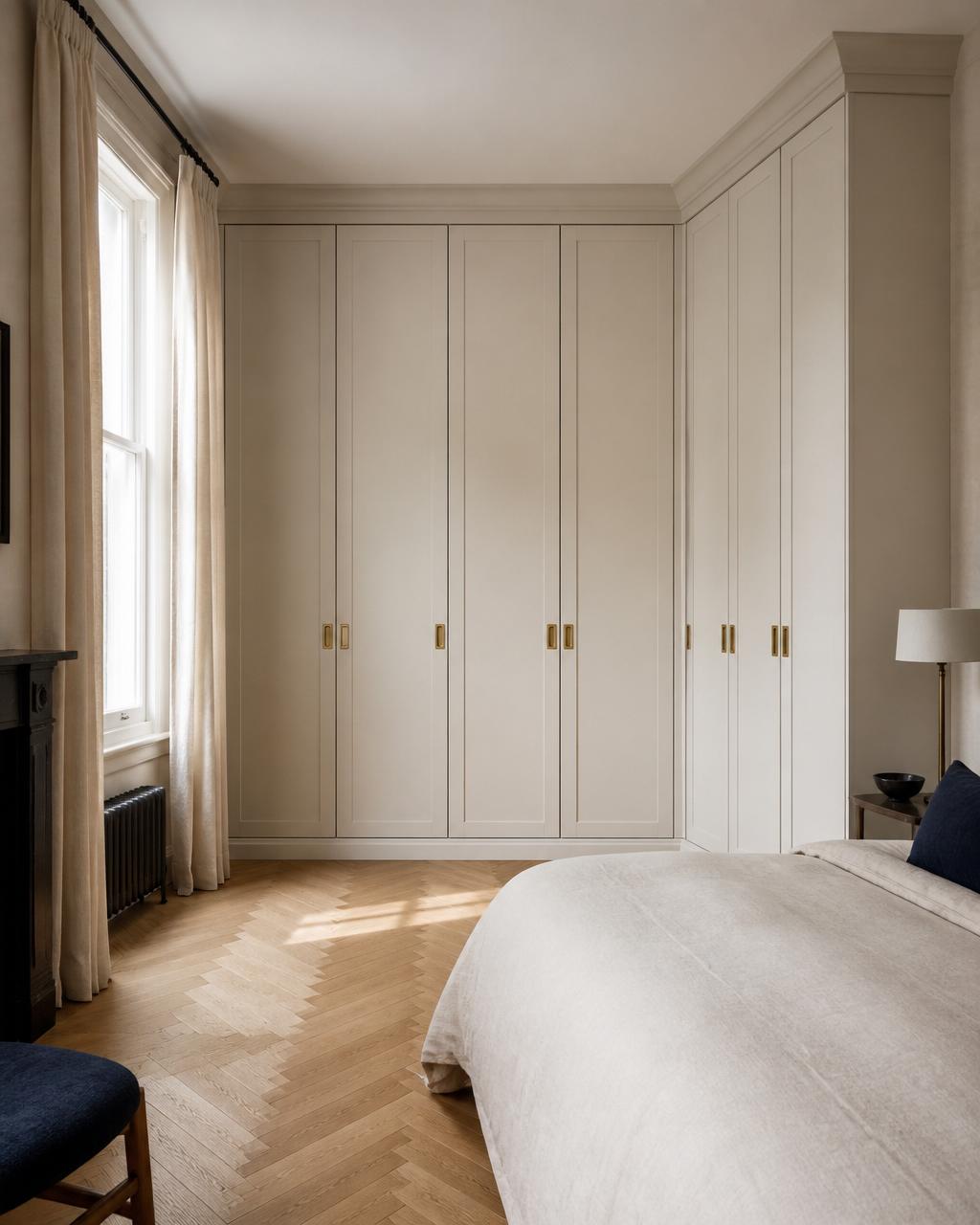 Bespoke L-shaped corner wardrobe in warm off-white hand-painted matt finish fitted across two bedroom walls in a London home