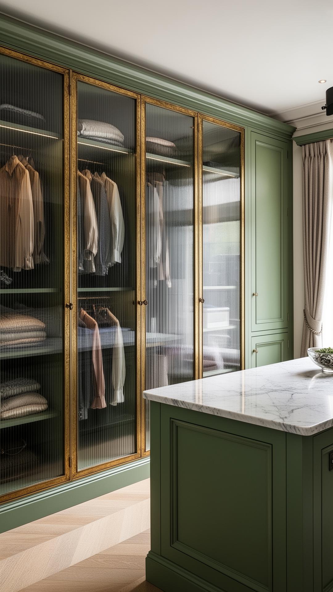 Luxury dressing room with antiqued brass framed fluted glass wardrobe doors heritage green cabinetry and marble island in a London principal suite