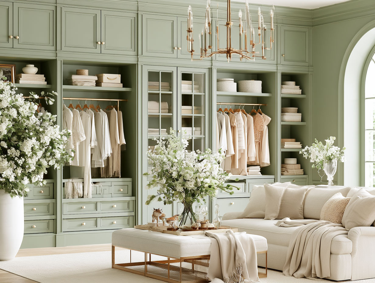 Hand-painted sage green Shaker bespoke dressing room with open hanging drawer banks central leather topped island and brass cup handles in a London principal suite