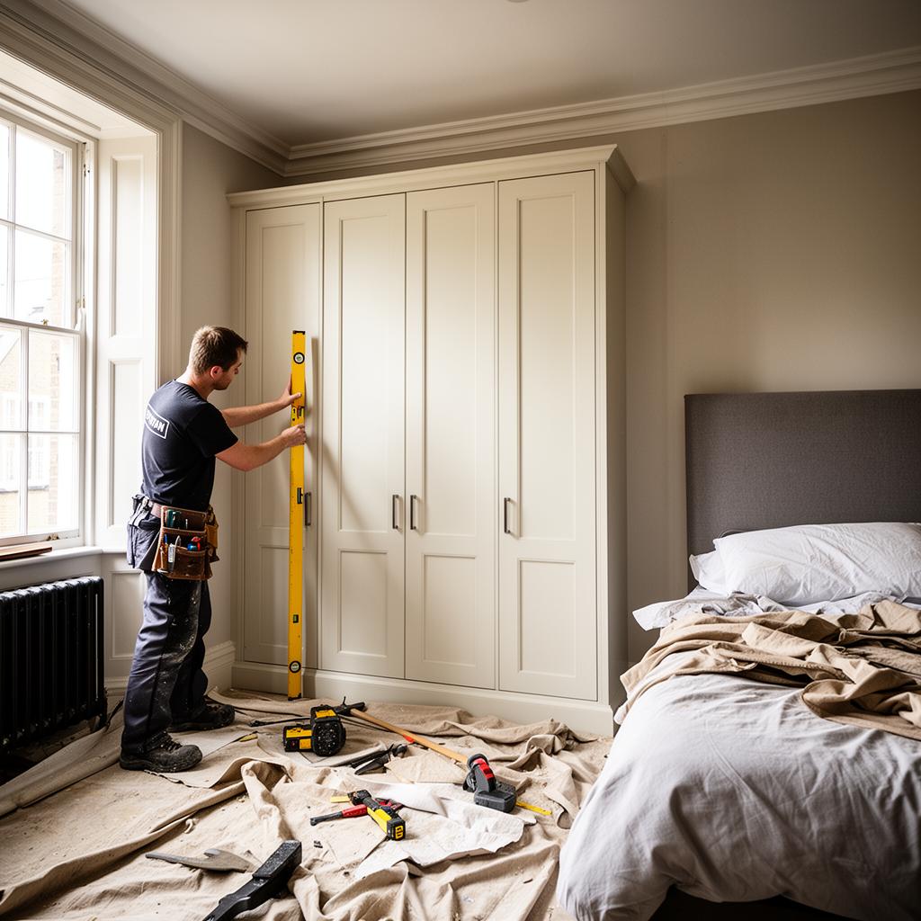 Bravo London craftsman installing and scribing a bespoke fitted dressing room cabinet against a London period principal bedroom wall