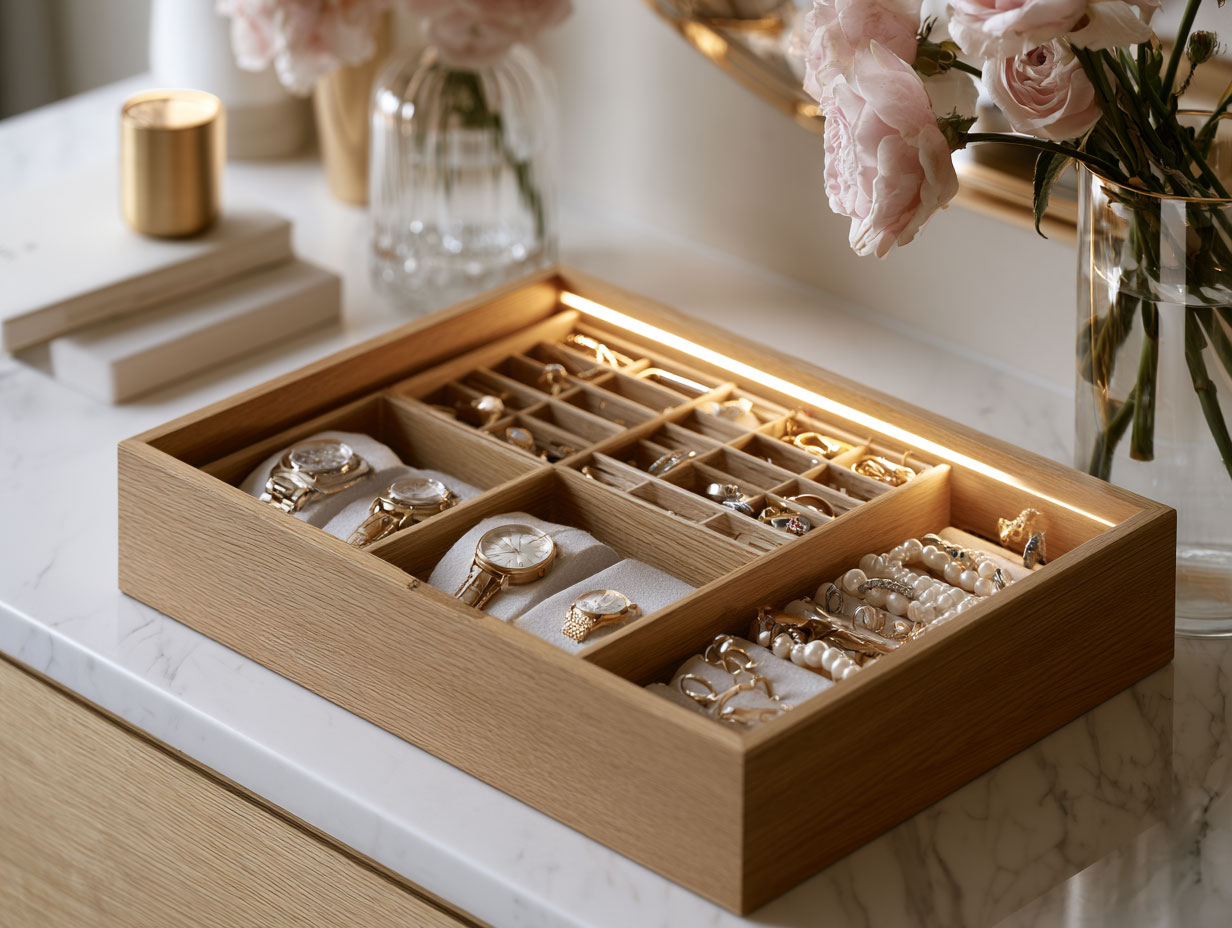 Inside view of a bespoke dressing room island drawer with felt watch cushions adjustable jewellery dividers and warm LED rail lighting