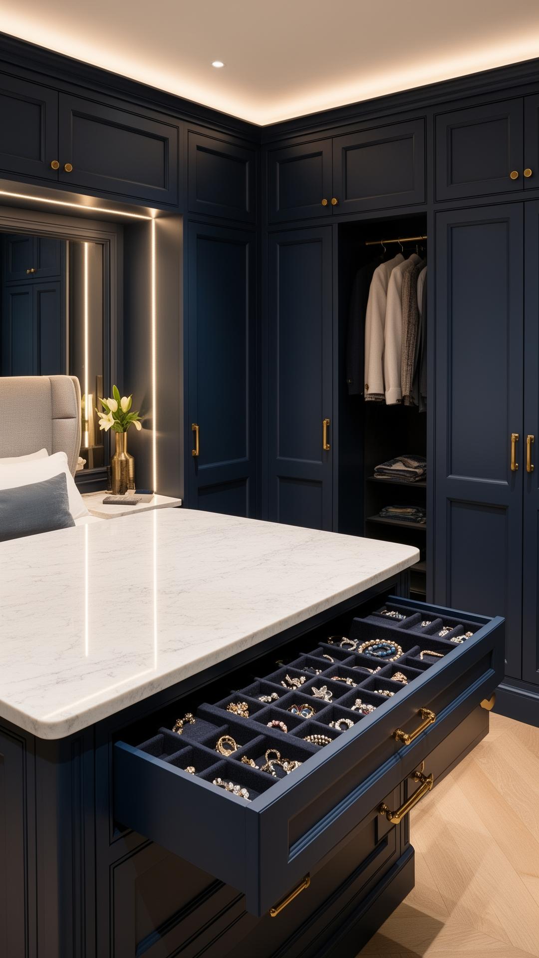 Bespoke dressing room with central marble topped island heritage navy painted cabinetry jewellery drawer and integrated lighting in a London principal suite