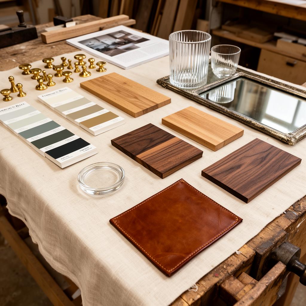 Heritage paint sample cards oak and walnut veneer samples leather inlay swatches antiqued mirror and fluted glass on a workshop bench