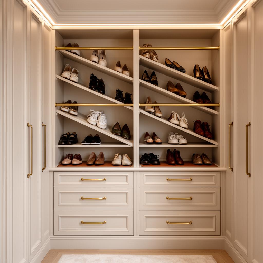 Bespoke dressing room shoe wall with angled brass rod shelves displaying high end shoes and drawer storage below in a London principal suite