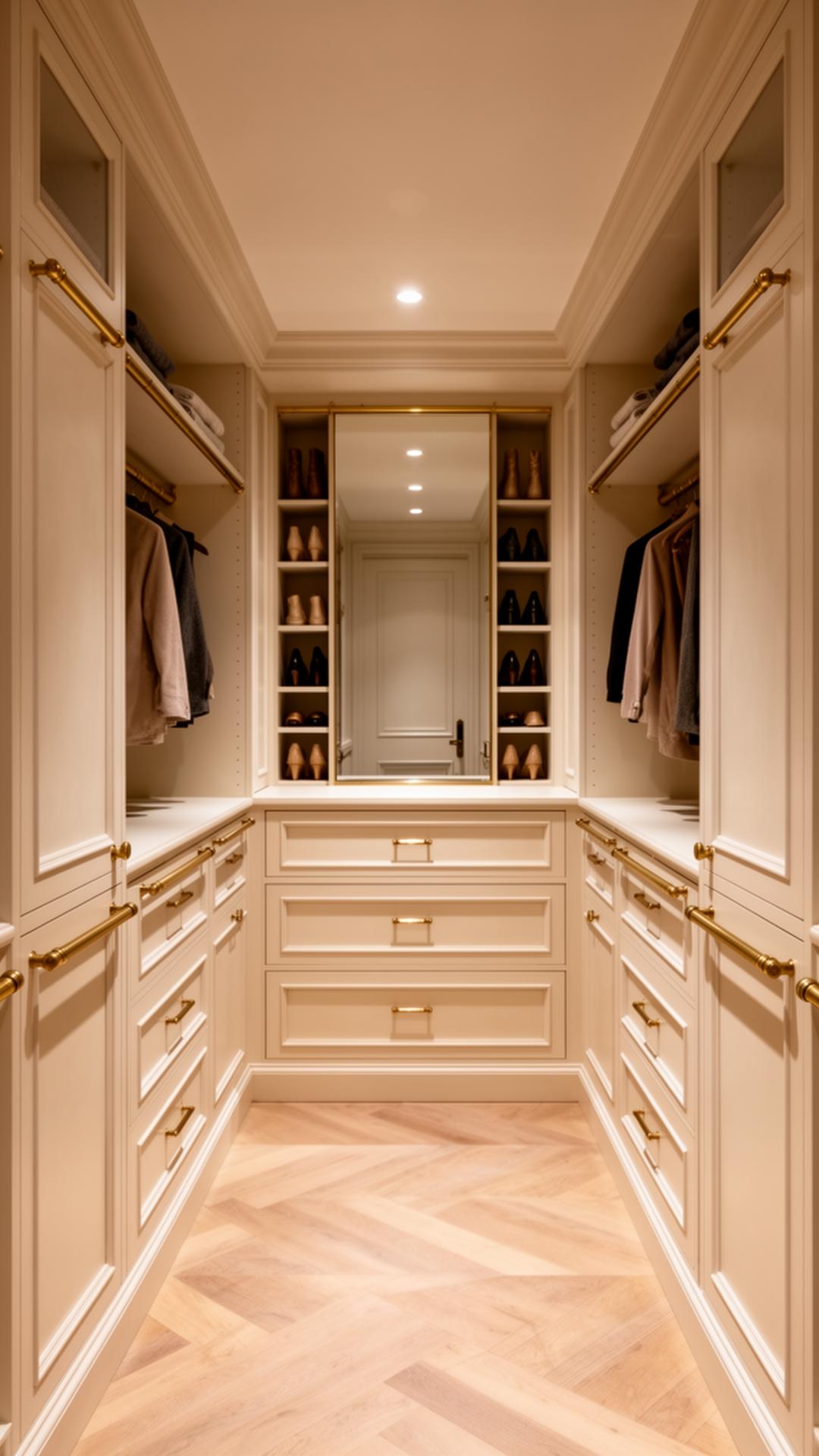 Bespoke U shape walk in dressing room with off white painted cabinetry brass rails shoe display and full length mirror in a London townhouse