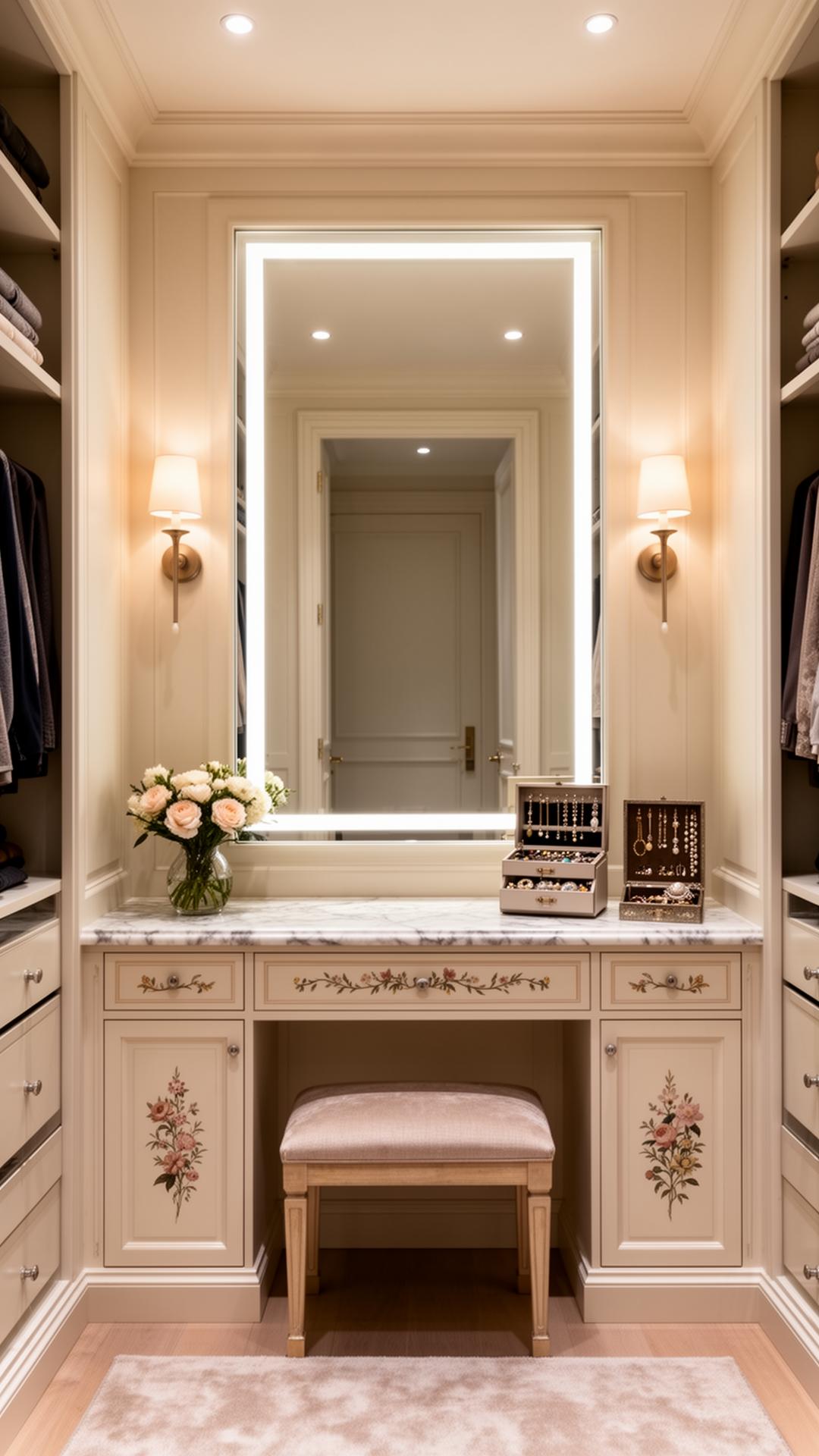 Bespoke dressing room vanity with backlit mirror marble top jewellery drawers brass sconces and upholstered stool in a London principal suite