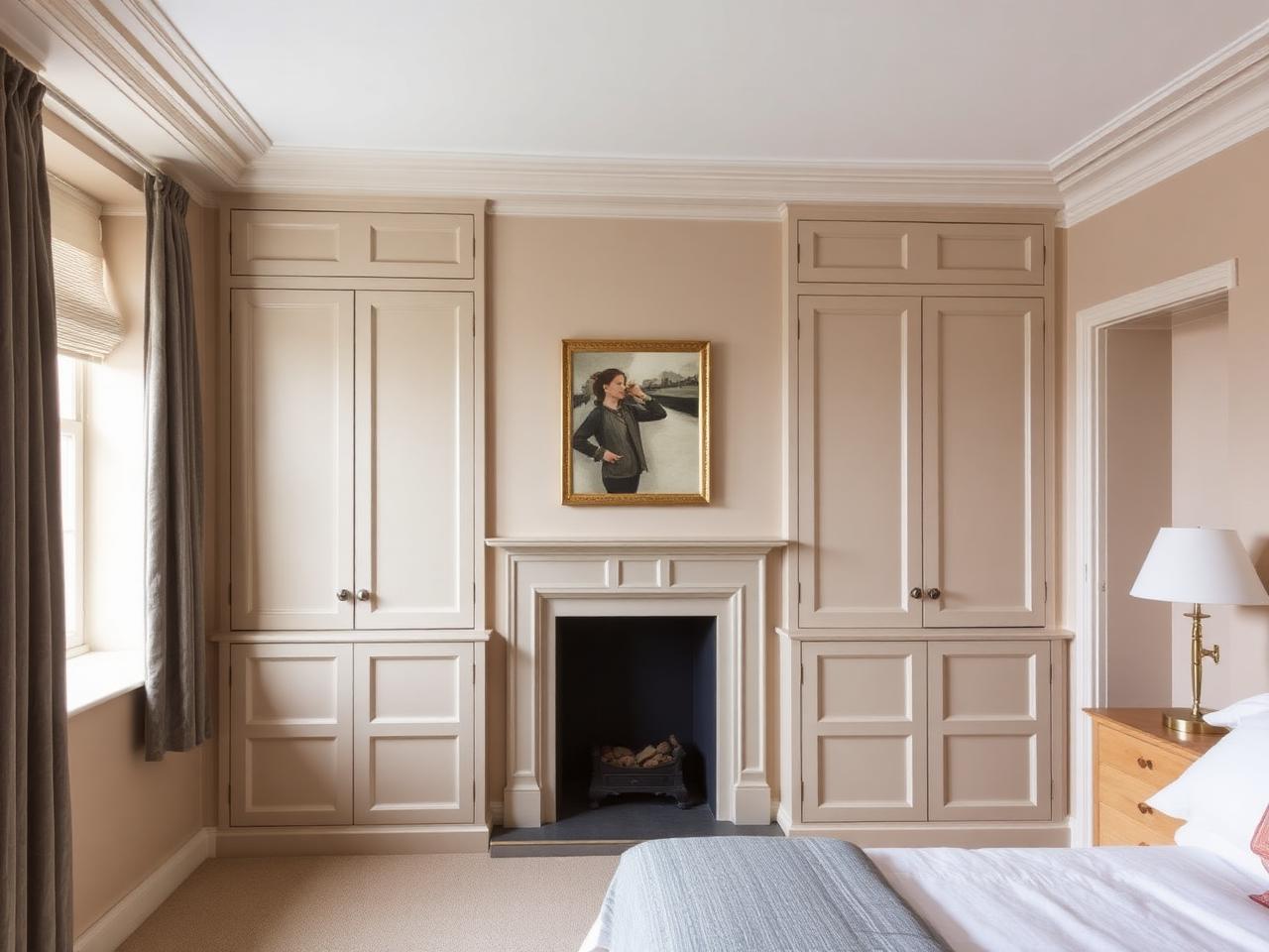Built-in alcove wardrobes around a chimney breast in a London period bedroom