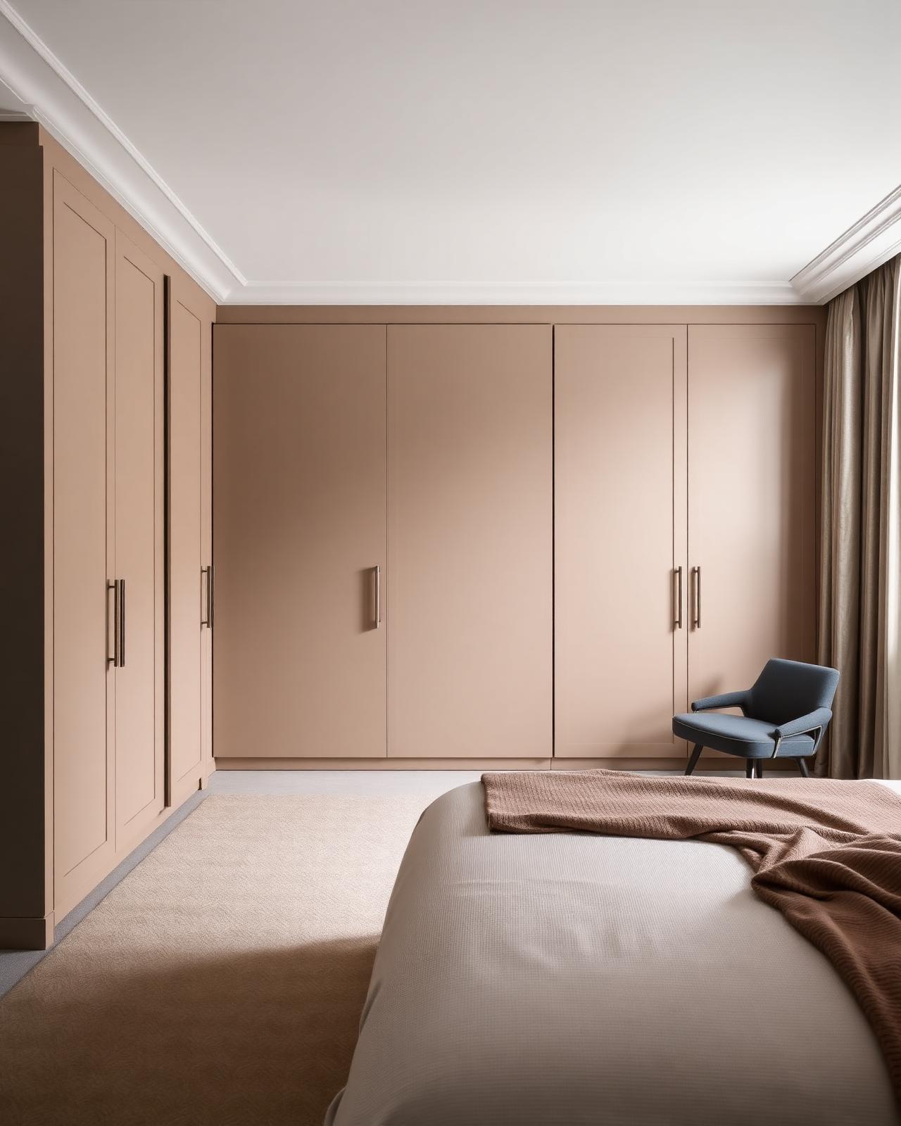 Bespoke fitted wardrobes in a London bedroom with floor-to-ceiling hinged doors and warm neutral finish