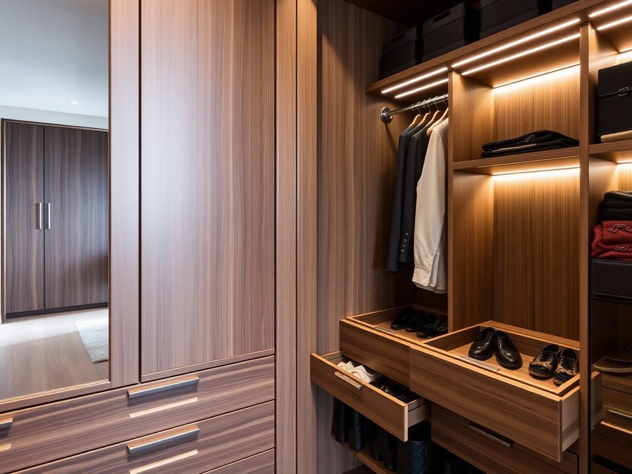 Bespoke wardrobe interior with walnut drawers, pull-out shoe shelves and integrated LED lighting