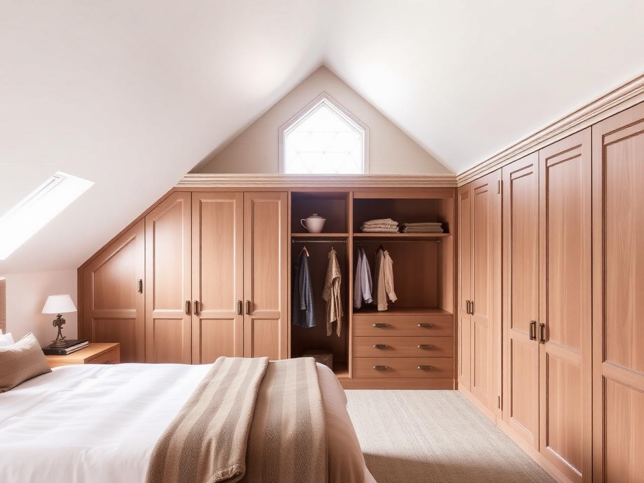 Fitted wardrobes under sloped loft ceiling in a converted London bedroom
