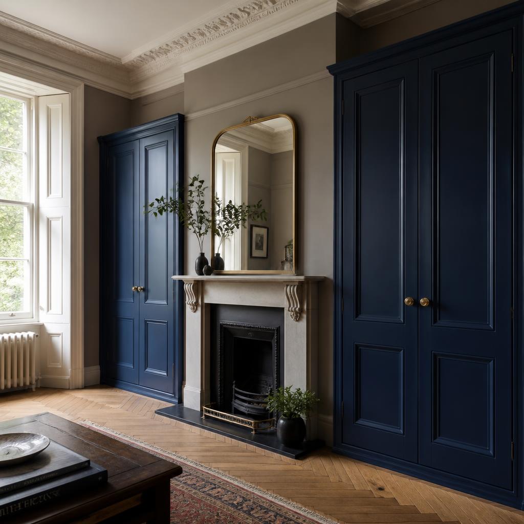 Raised and fielded panel hinged wardrobe doors in deep navy paint with antique brass handles