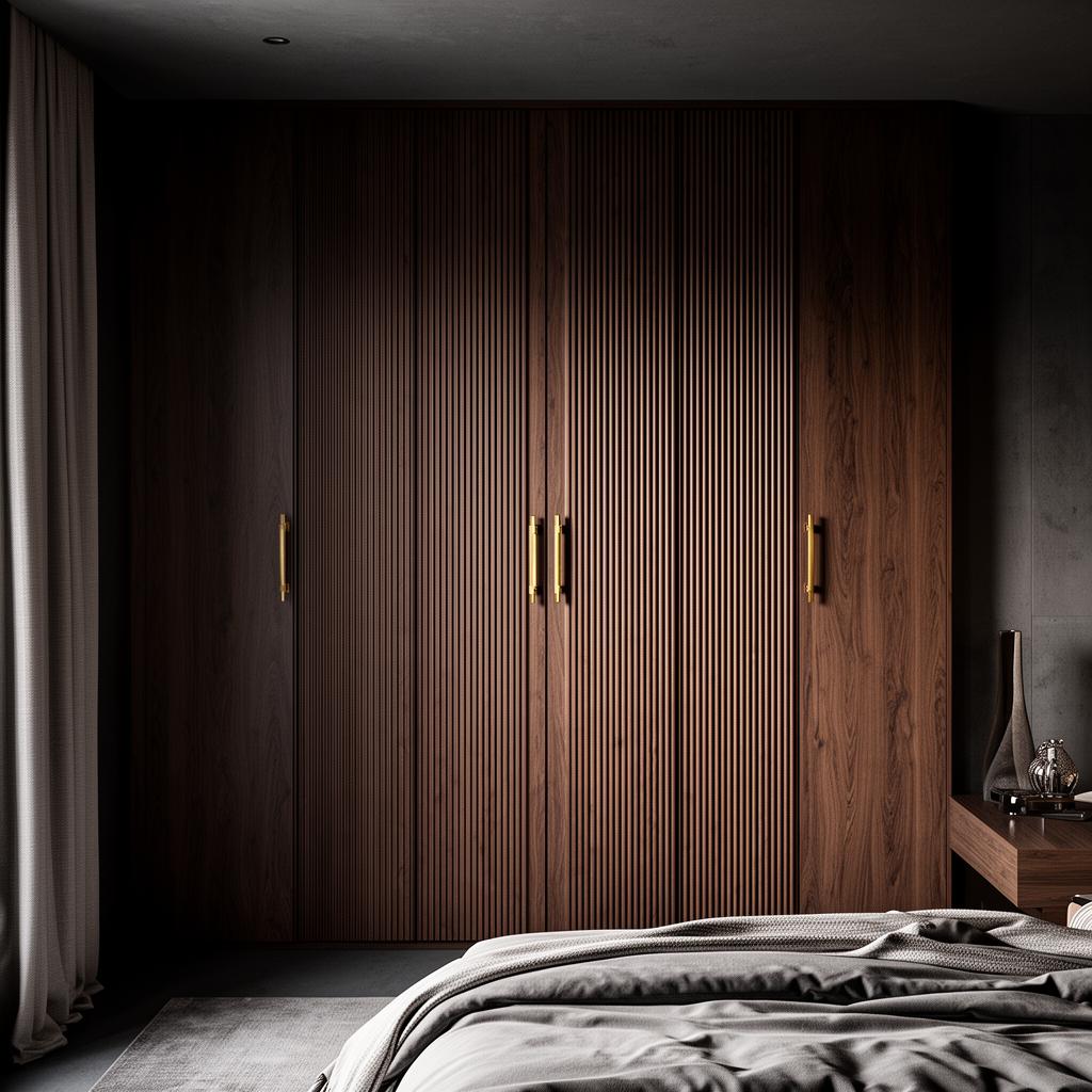 Fluted vertical reeded timber hinged wardrobe doors in smoked oak veneer with brass bar handles