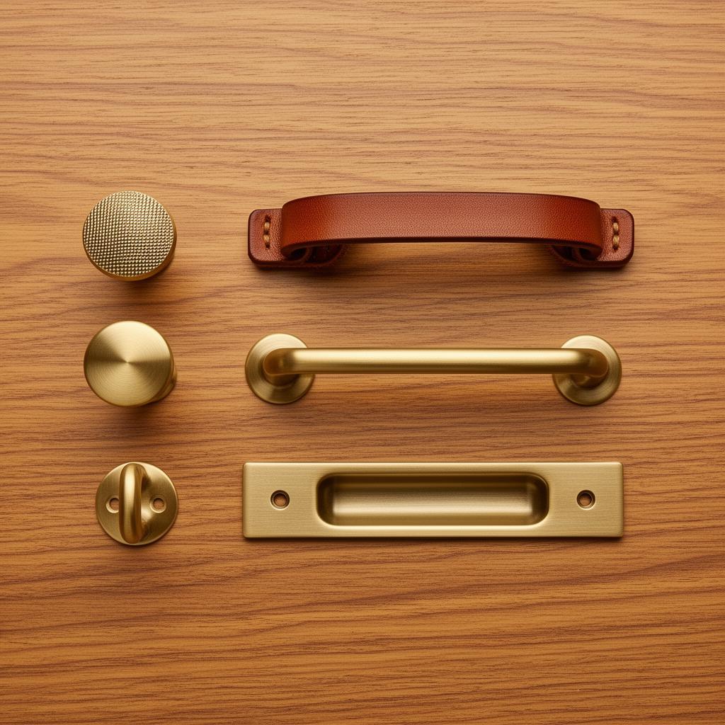 Flat-lay of fitted wardrobe handle options on warm oak — brushed brass knurled knob, leather pull, slim brass bar, recessed finger pull