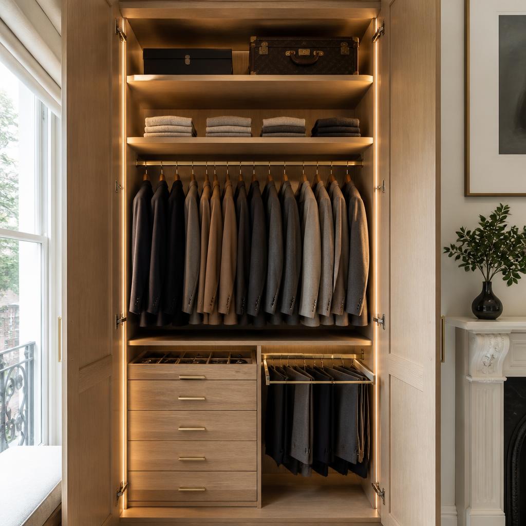 Hinged wardrobe doors open showing soft-close drawers, pull-out trouser rails, hanging rails and warm LED strip lighting