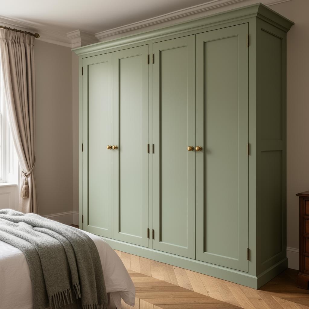 Classic shaker style hinged fitted wardrobe doors in soft sage green with brushed brass knobs