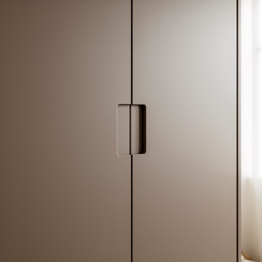 Flat slab handleless hinged wardrobe door in matt taupe paint with recessed finger pull
