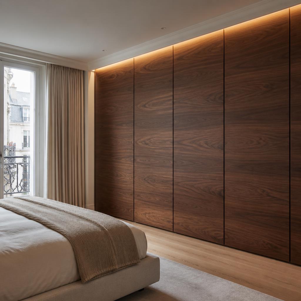 American walnut handleless hinged wardrobe doors with slim recessed finger-pull profile
