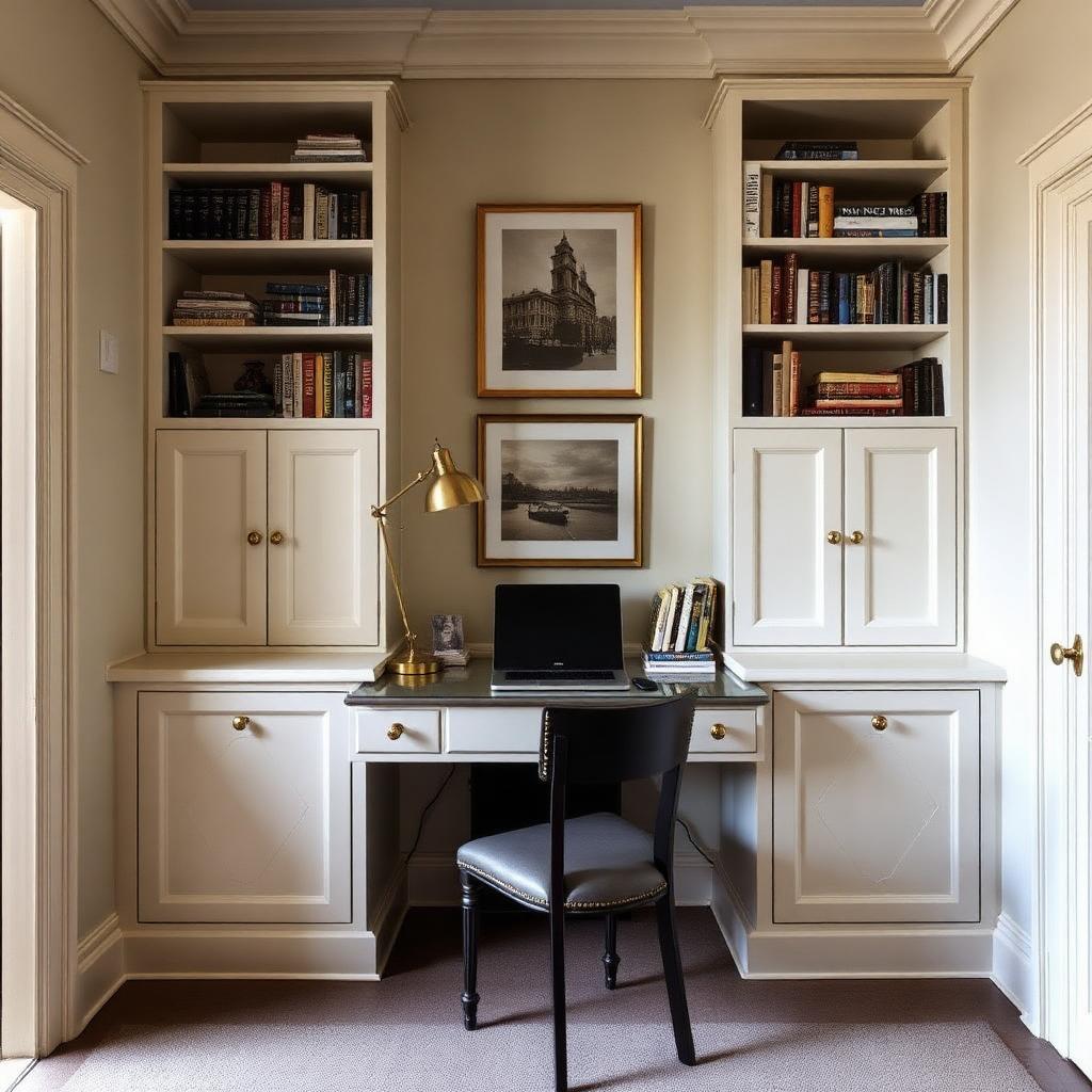 Bespoke alcove home office between two chimney-breast alcoves with painted off-white Shaker cupboards and fitted desk