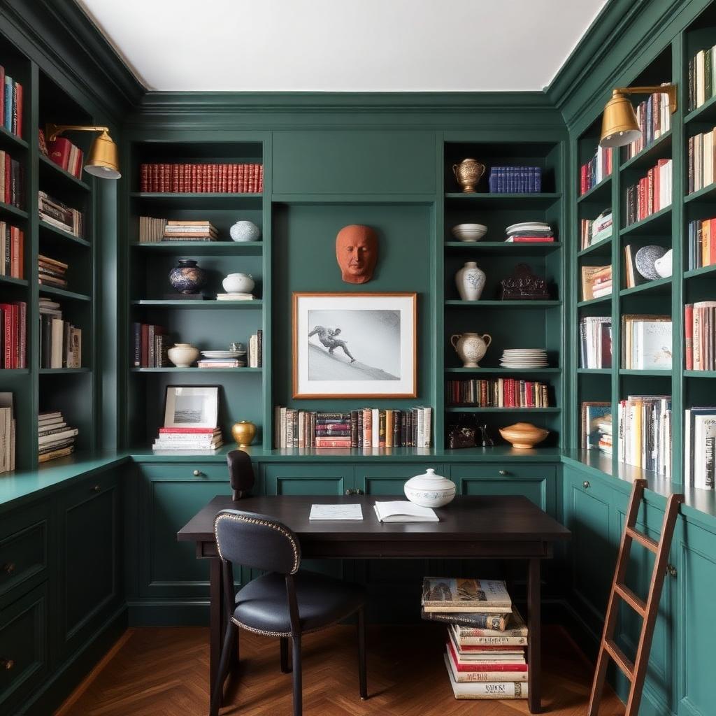 Floor to ceiling bespoke painted bookcase wall in deep heritage green with brass library lights in a London study