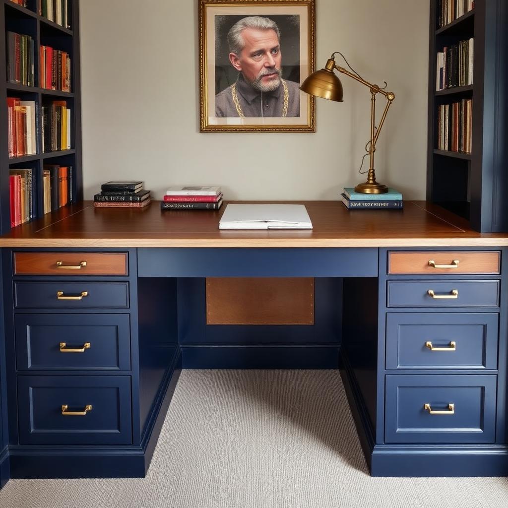 Bespoke fitted partners desk in heritage navy with oak desktop, leather inlay panel and integrated drawer pedestals each side