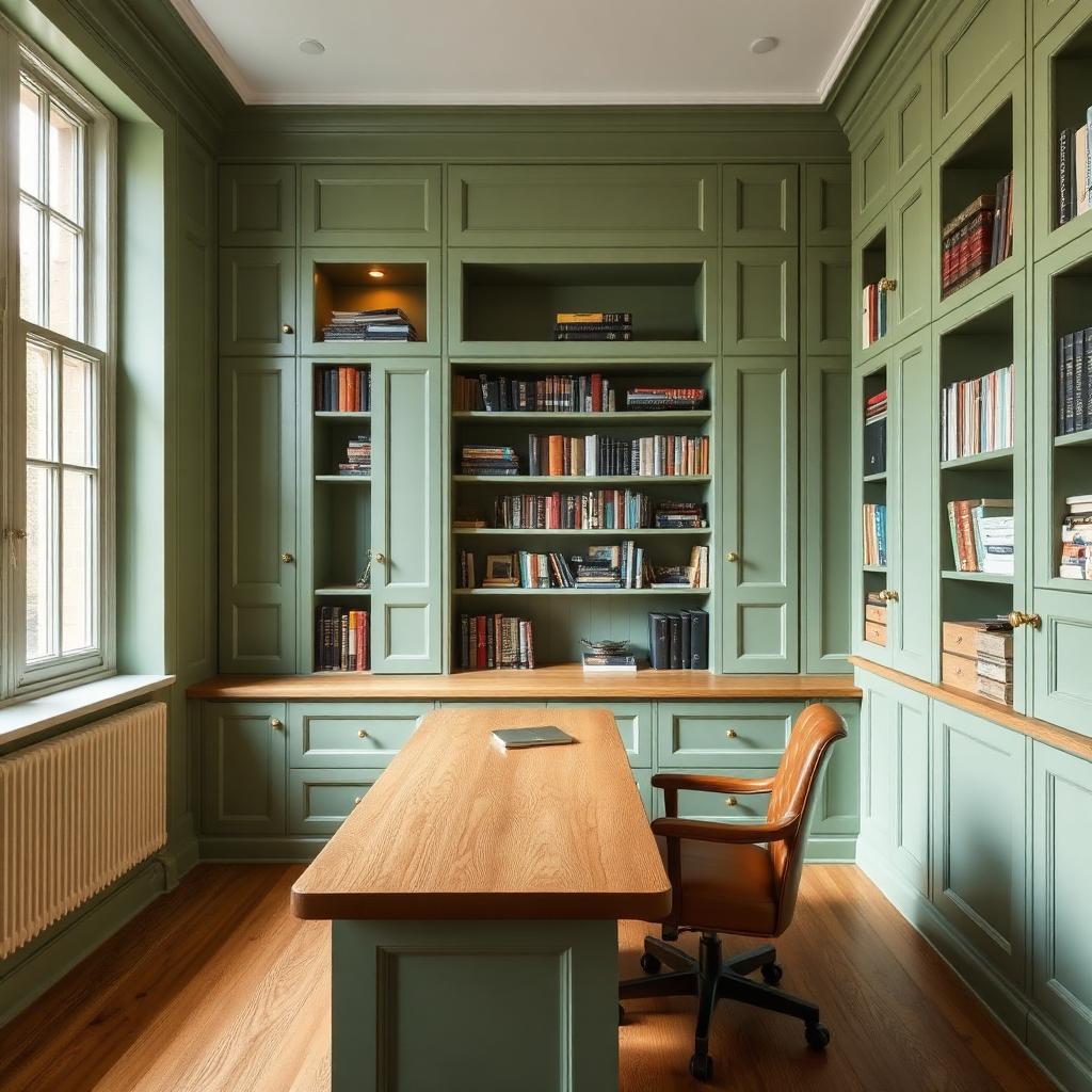 Hand-painted sage green Shaker fitted home office with oak desktop and integrated bookcases in a London townhouse