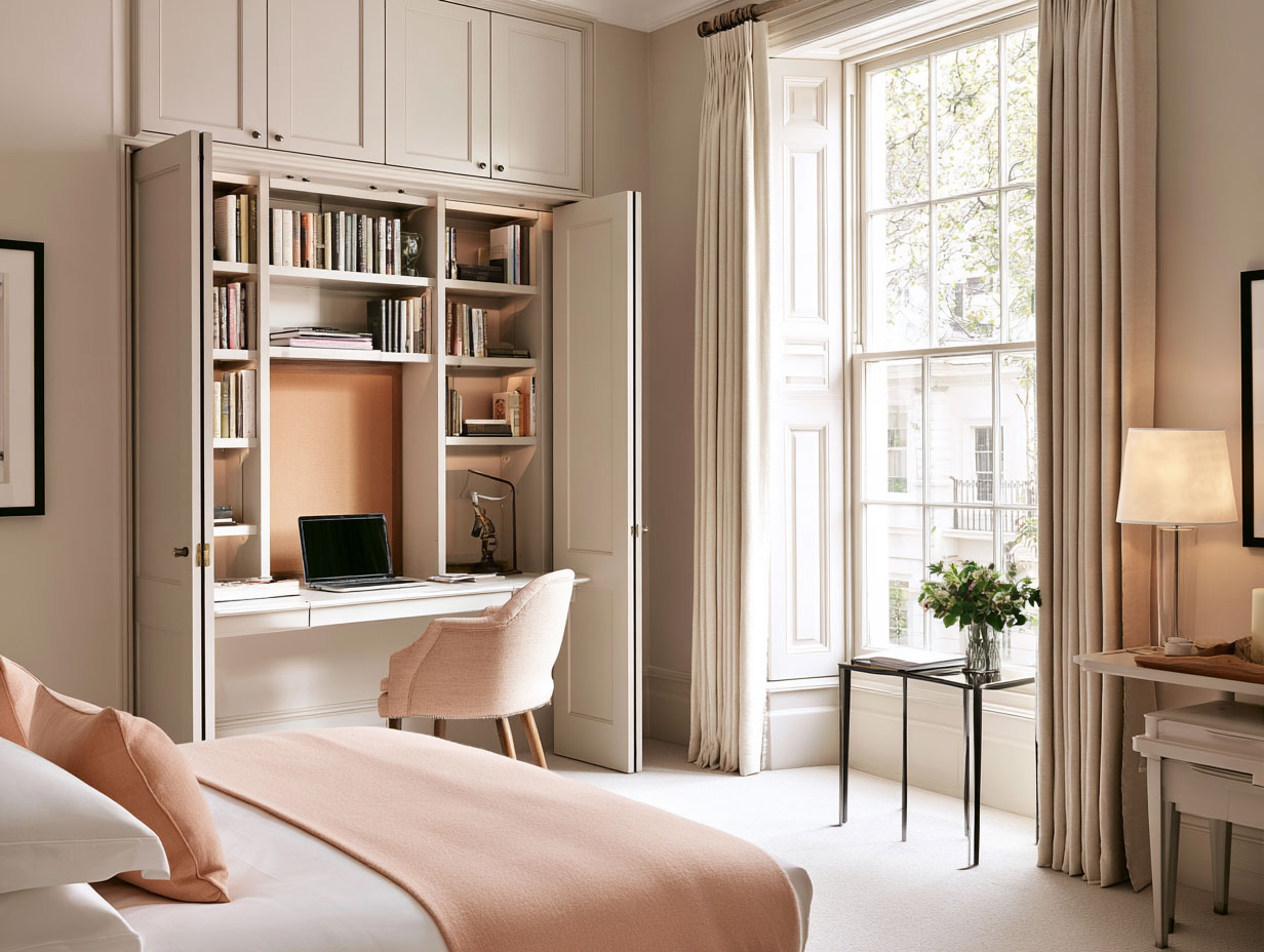 Concealed bedroom home office behind bifold cabinet doors revealing fitted desk shelves pinboard and cable management in a London bedroom