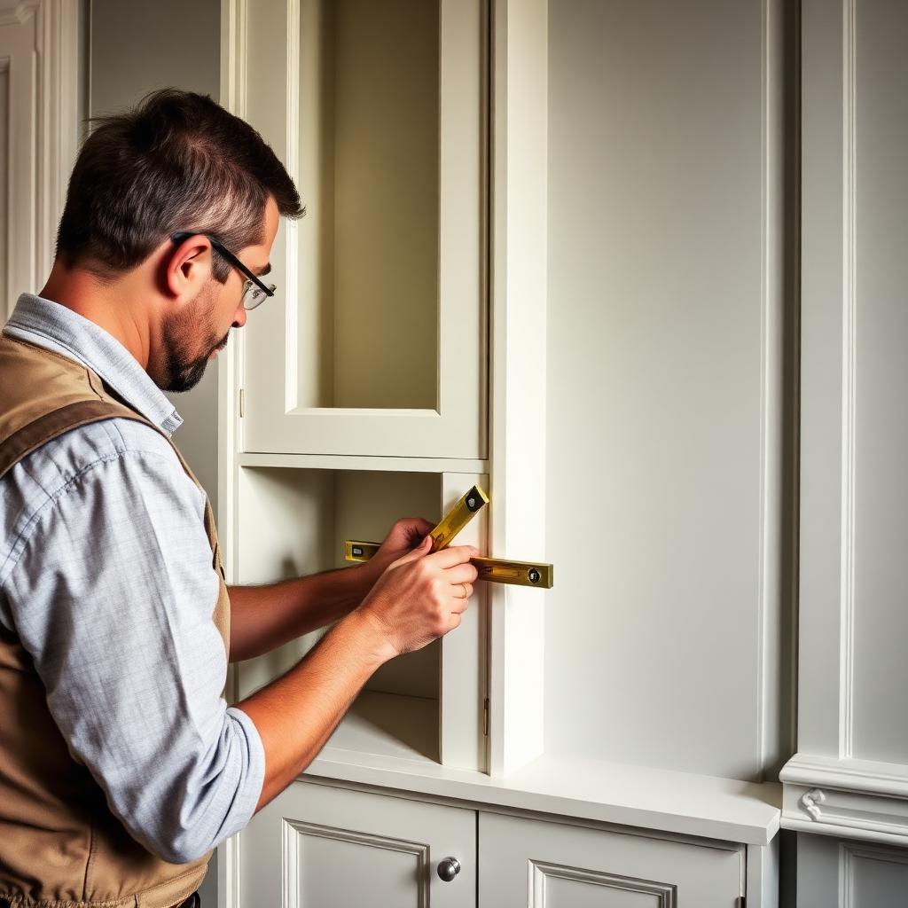 Bravo London craftsman installing and scribing a fitted home office bookcase against a London period wall
