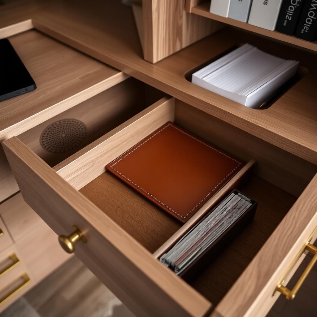 Inside view of a bespoke fitted home office drawer with leather pen tray and brass cable grommet
