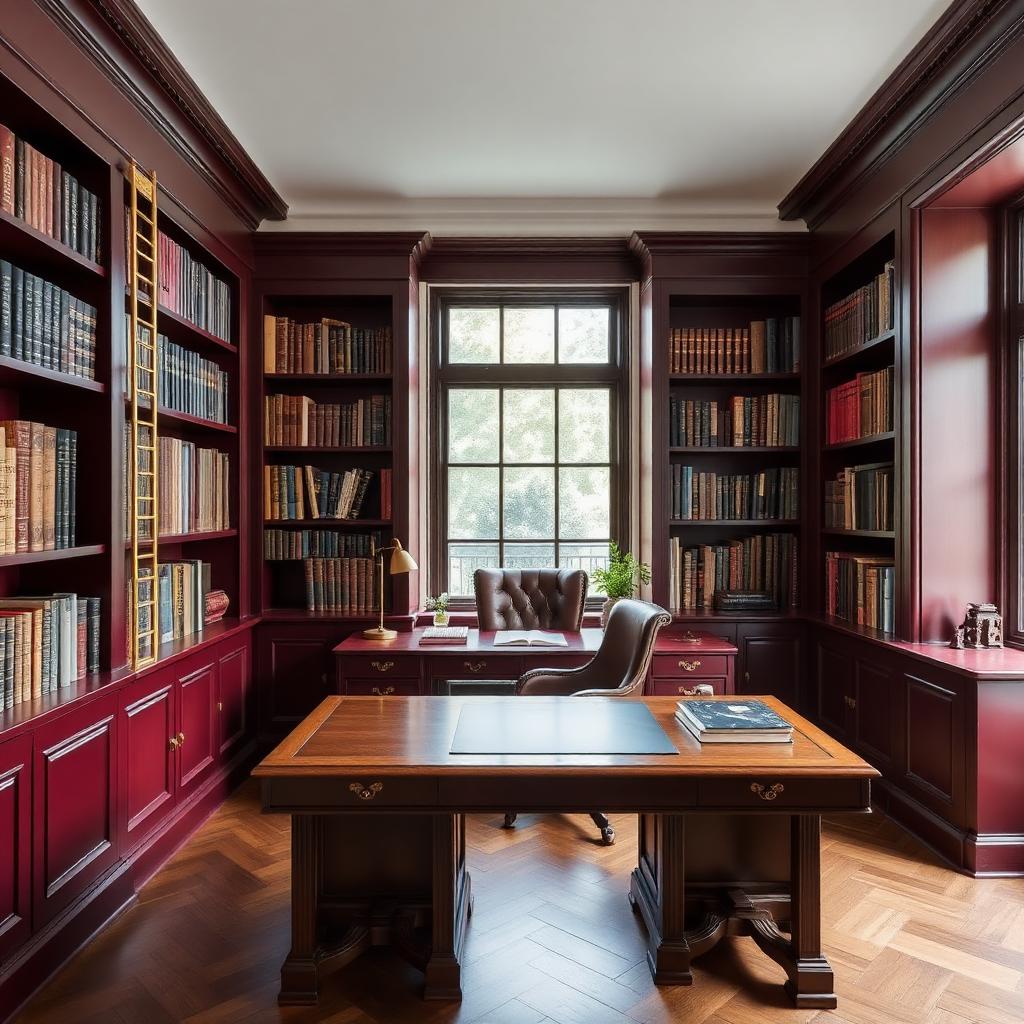Bespoke library office combined with painted burgundy bookcases brass ladder and oak partners desk in a London Georgian study