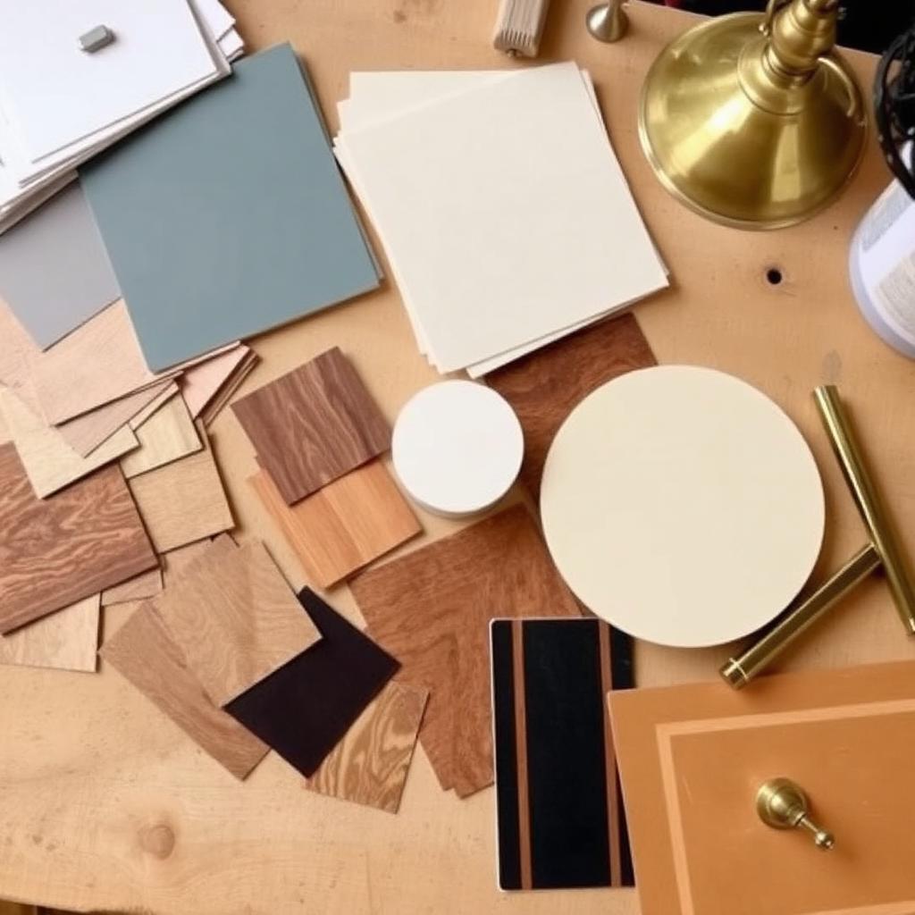Heritage paint sample cards, oak and walnut veneer samples, leather inlay swatches and brass hardware on a workshop bench