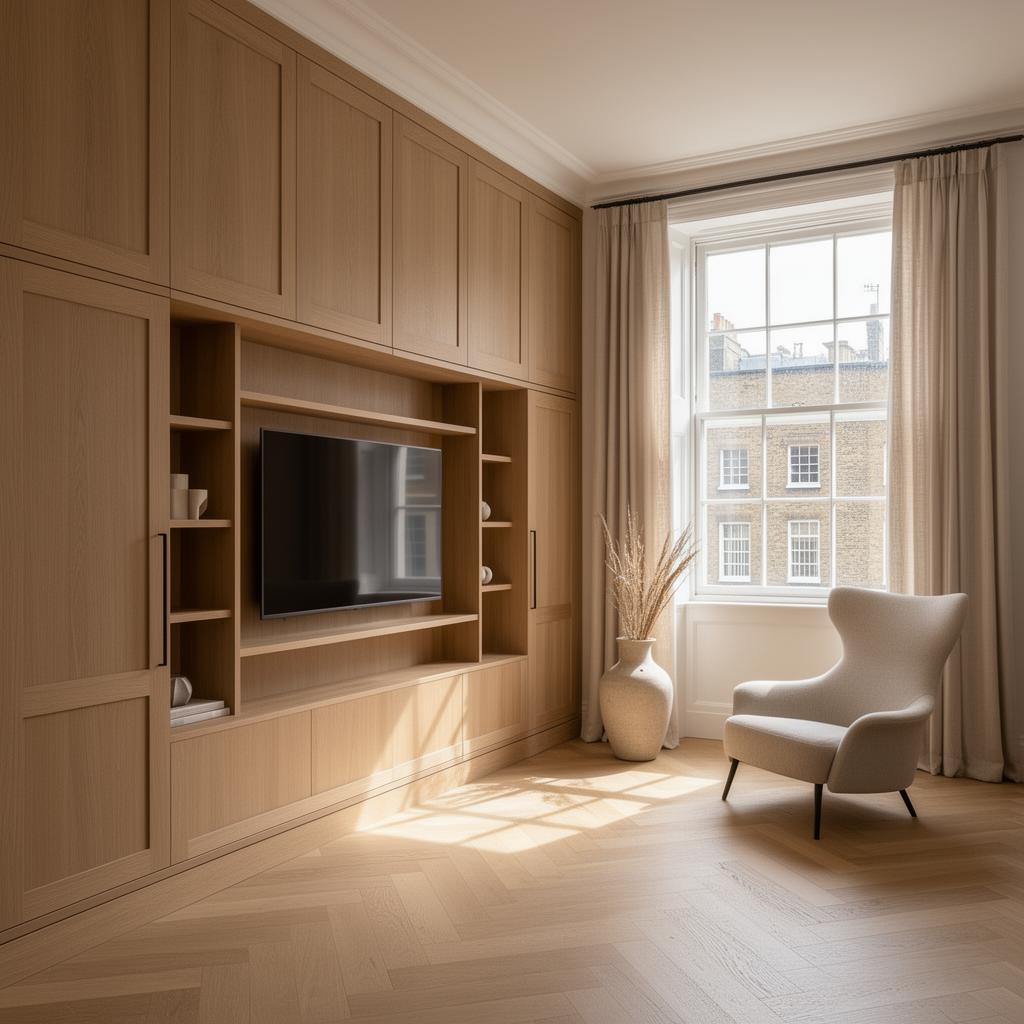 London townhouse renovation with bespoke fitted joinery, oak panelling and integrated media wall