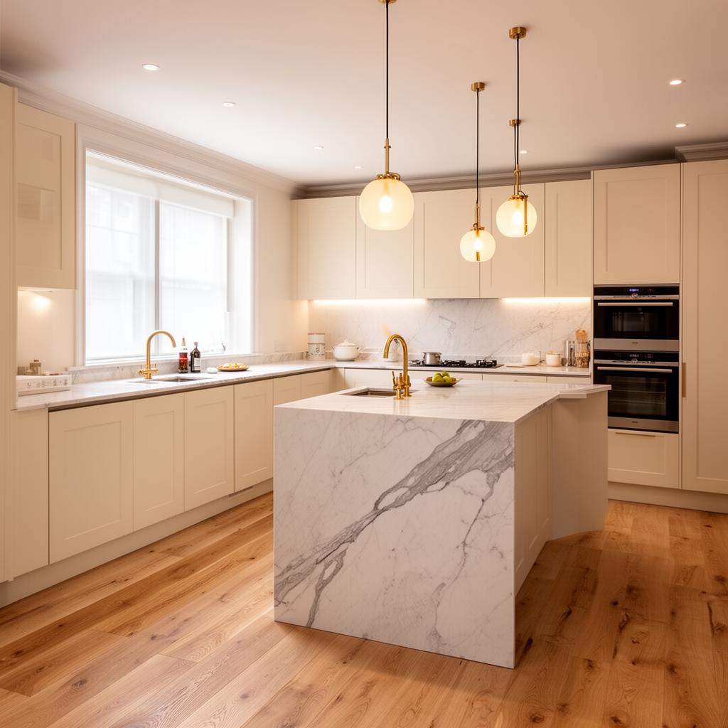 After: bespoke handleless open-plan kitchen with Calacatta marble island and brushed brass detailing, designed and installed by Bravo London in Belsize Park, NW3