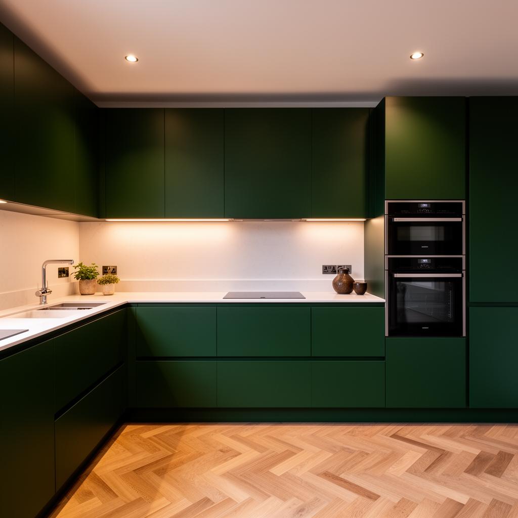 After: minimalist handleless apartment kitchen with integrated appliances and smoked oak shelving, designed by Bravo London in Fitzrovia, W1